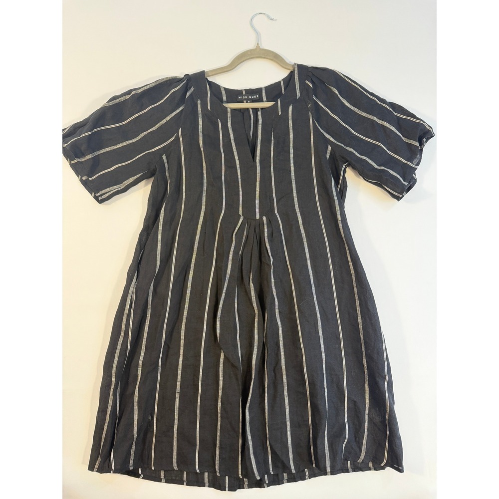 Miou Muse Dress Women S Black White Excellent Linen Striped V-Neck MMD1142